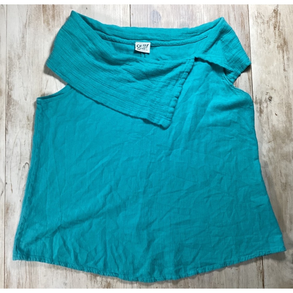 Oh My Gauze Turquoise Blue Cotton Crinkle Sleeveless Draped Neck Top Size 2
